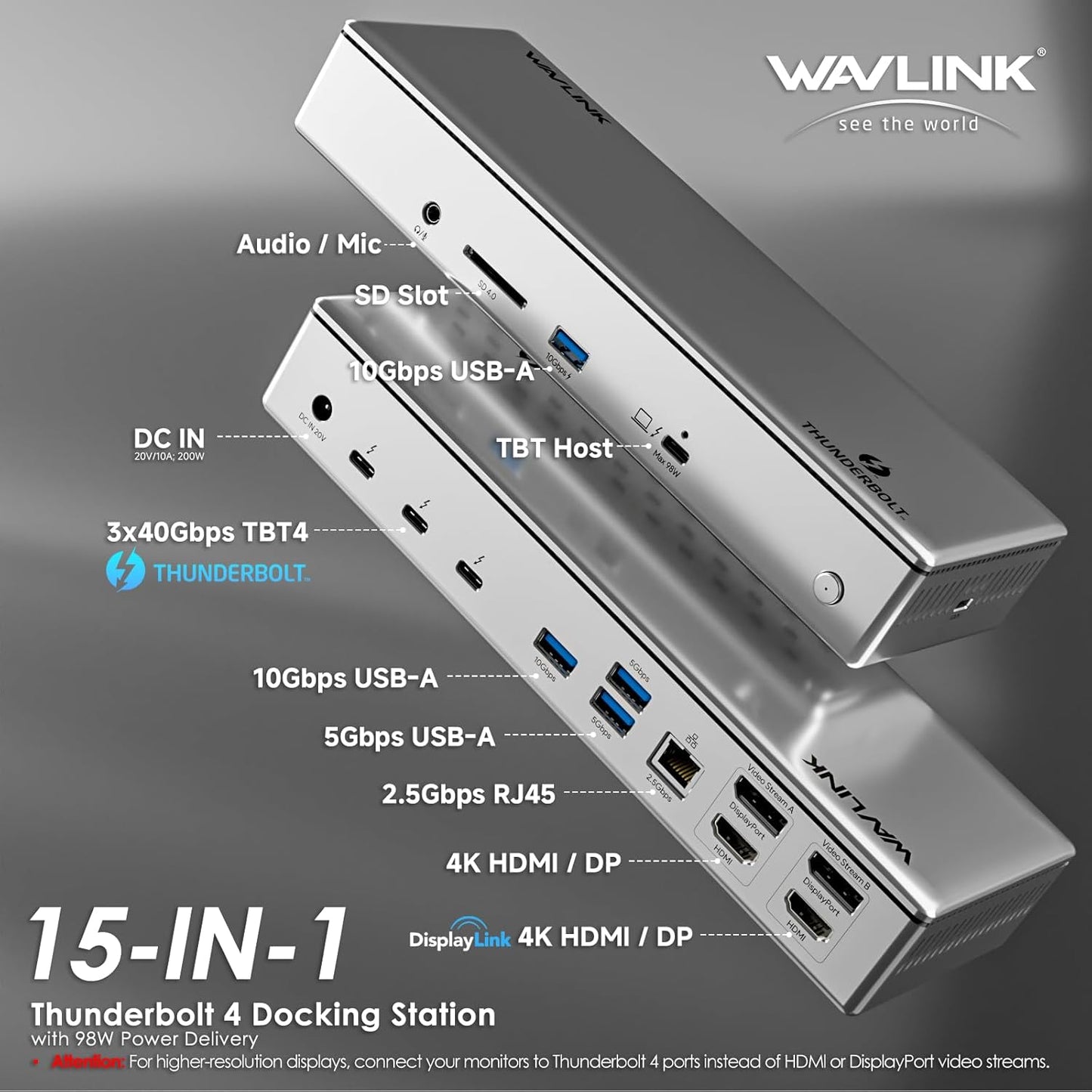 Thunderbolt 4 Dock, WAVLINK Docking Station with Quad 4K@60Hz Monitors, Four Thunderbolt 4 Ports, 98W PD, 2.5G RJ45 Ethernet, SD V4.0, 10Gbps USB3.1, for MacBook Pro/Air etc