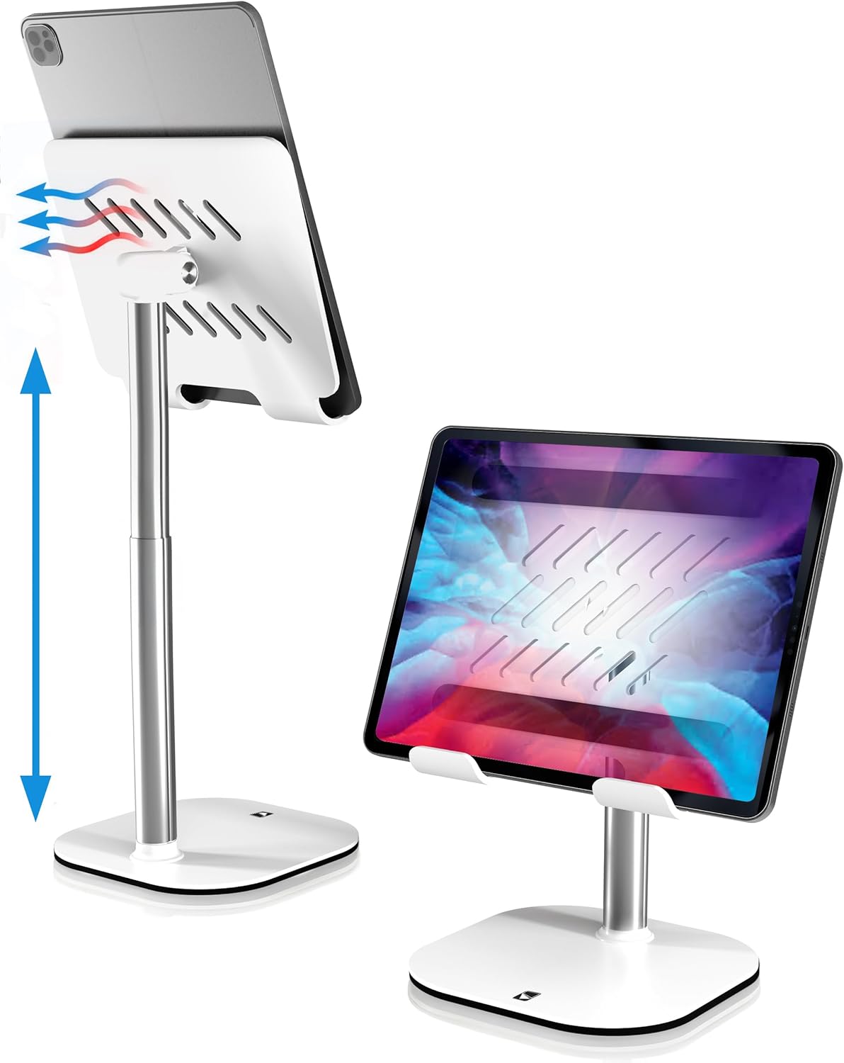 COOPER TabHolder, 7-10" Height Adjustable Tablet Stand, Premium iPad Stand for Desk, 270° Tilt Portable Monitor Holder for 15.6-17" Displays, for All iPad, Kindle, Surface, Samsung Tablets (White)