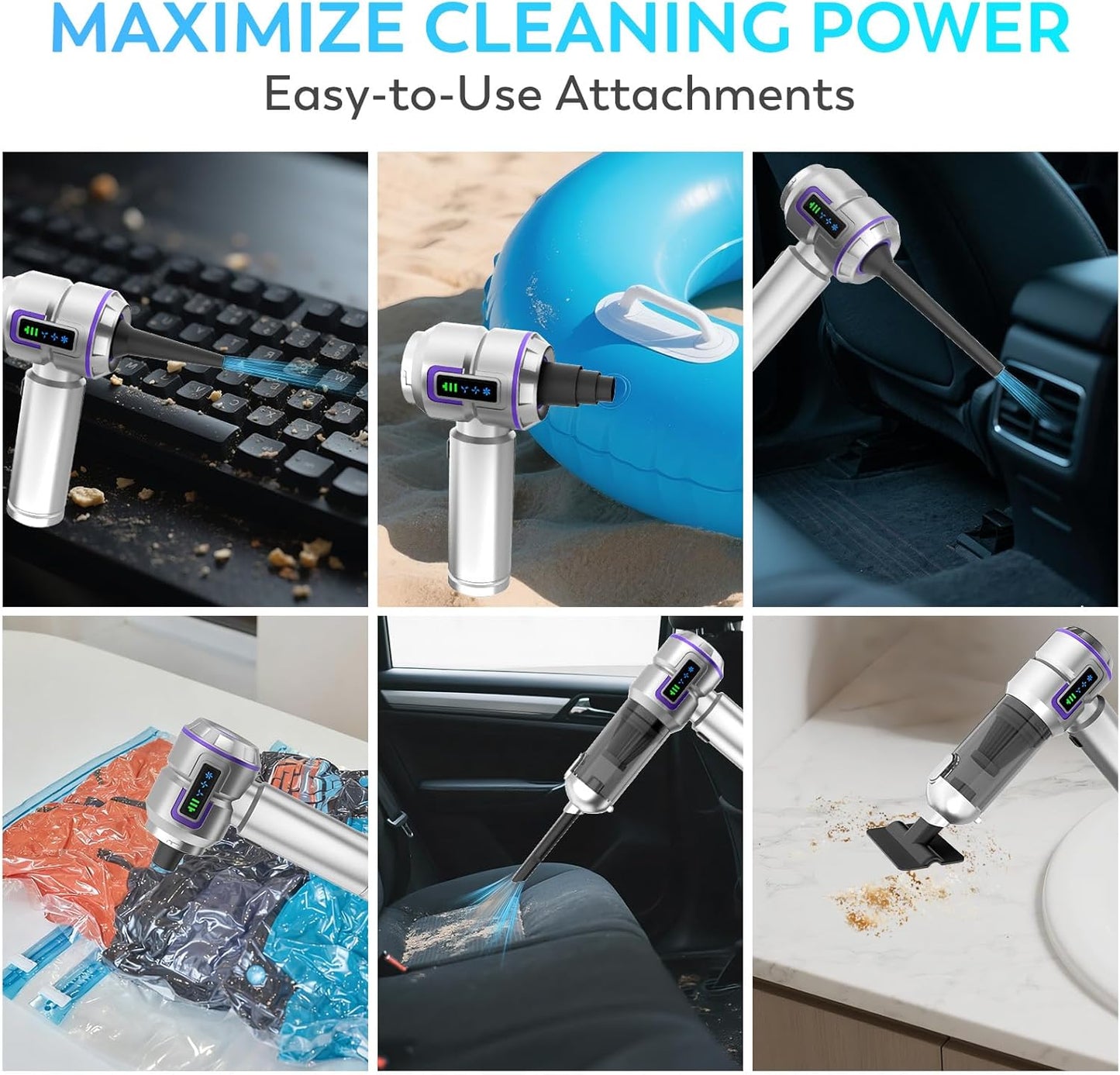 Car Vacuum Cleaner, 22000PA High Power Portable Handheld Car Vacuum & Air Duster, Mini Cordless Vacuum with LED Display, for Home, Office, Camping (Silver Purple)