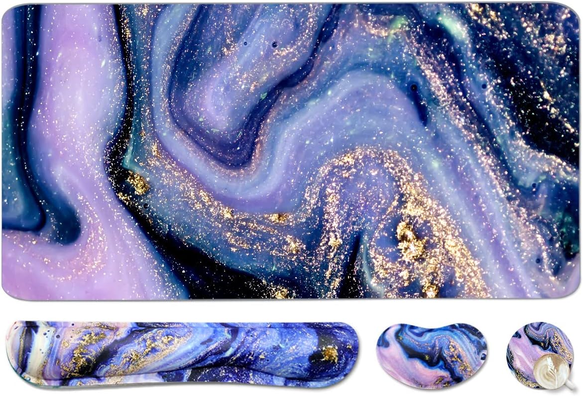 4-in-1 Large Gaming Mouse Pad and Keyboard Wrist Rest, Desk Pad for Keyboard and Mouse, Non-Slip Desk Mat for Home Office Study Game-Purple Marble