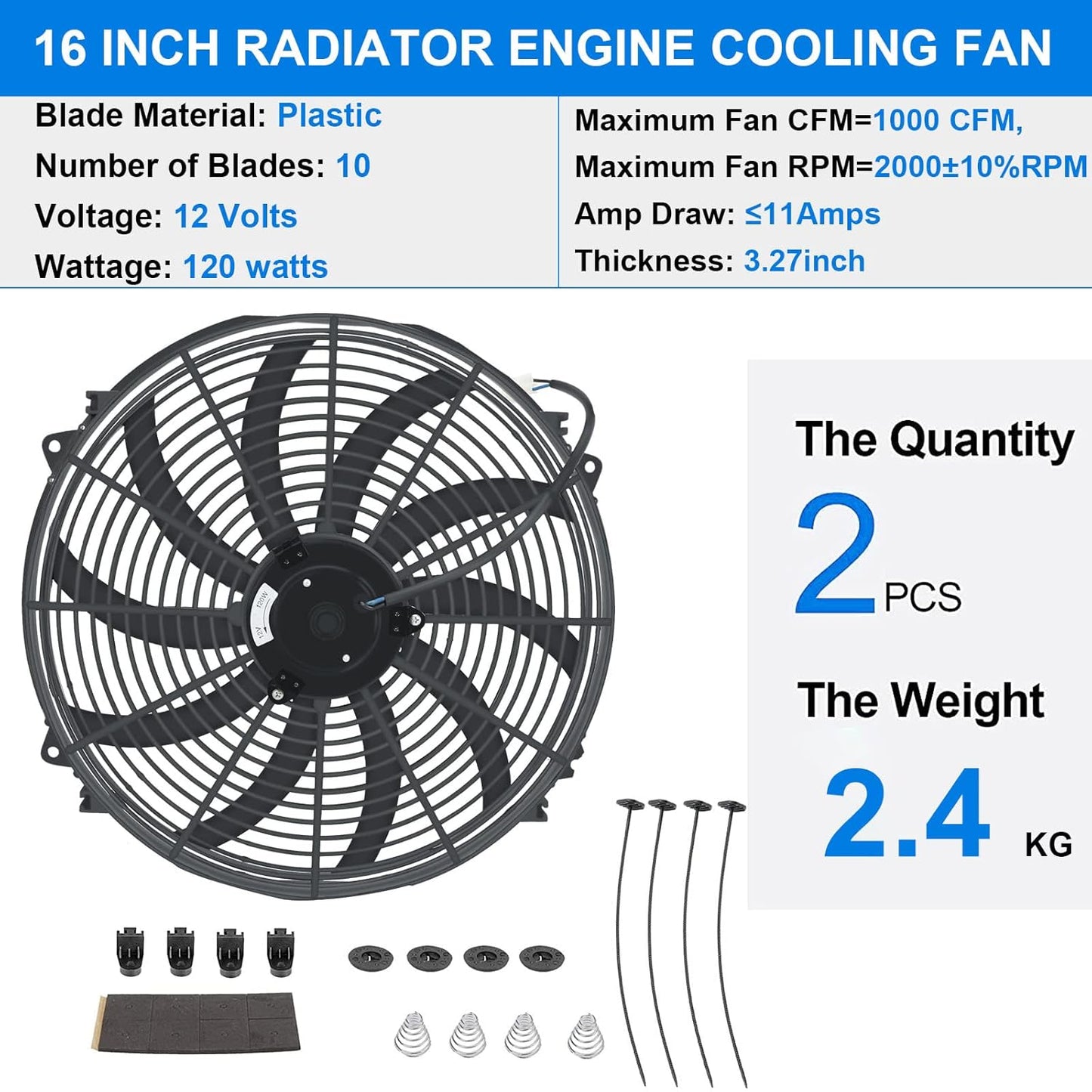 2PCS 16 Inch Universal Slim Fan Push Pull Electric Radiator Cooling 12V 120W Mount Kit Black