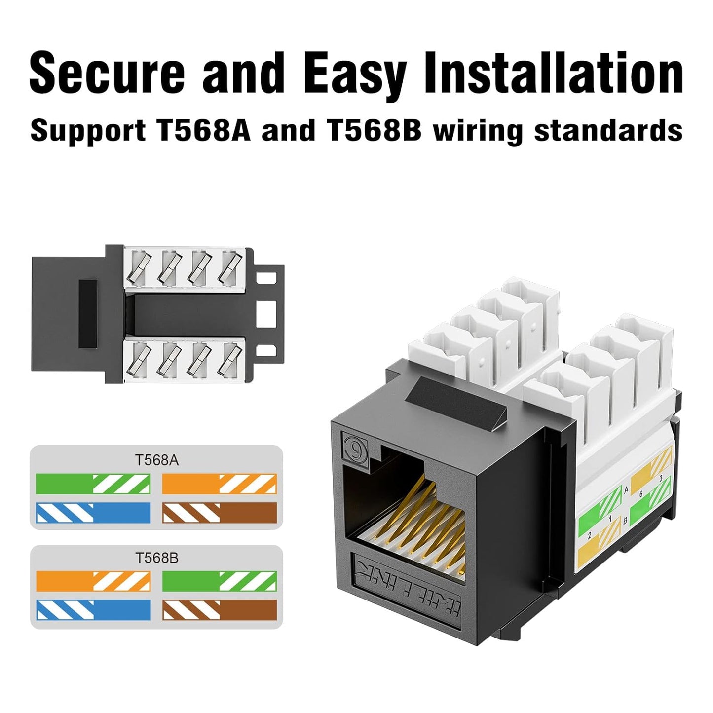 iwillink 10Gbps Cat6 Keystone Jack and Punch-Down Stand, 50-Pack, RJ45 Ethernet Keystone Jacks, 90-Degree UTP Modular Punch Down Keystone Jack Adapter, Black
