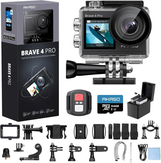 AKASO Brave 4 Pro 4K30 Action Camera with 64GB MicroSD U3 Card, 131FT Underwater Waterproof Camera EIS Touch Screen Remote Control with 2x1350mAh Batteries and Helmet Accessories Kit Bundle