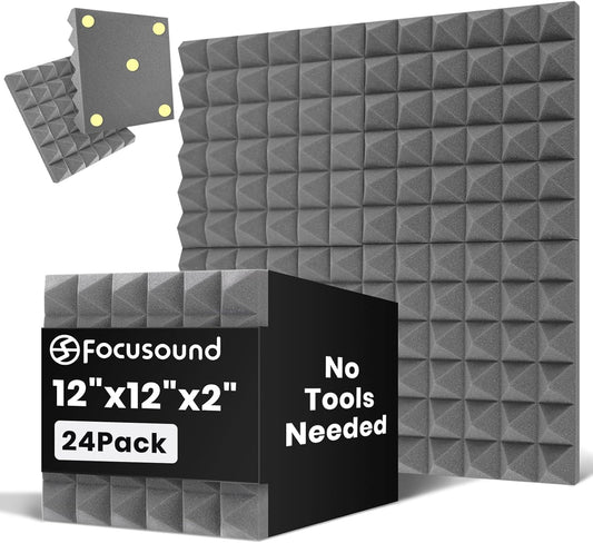 Focusound Grey Acoustic Panels 24 Pack 2"x12"x12" with 120 PCS Double-Side Adhesive - Sound Proof Pyramid Foam for Walls, Home Studio Noise Absorption & Echo Control Kit