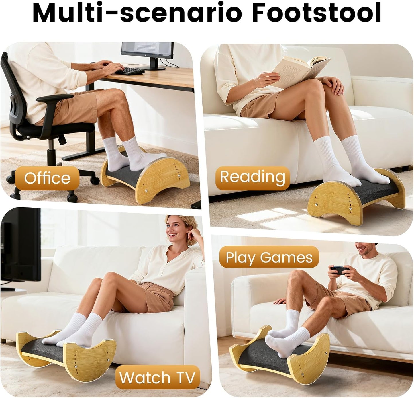 Bamboo Foot Rest for Under Desk at Work, Reversible Ergonomic Rocking Office Foot Rest, 6 Heights Adjustable & Non-Slip Mats with Foam Cushion, Under Desk Footrest for Home Office