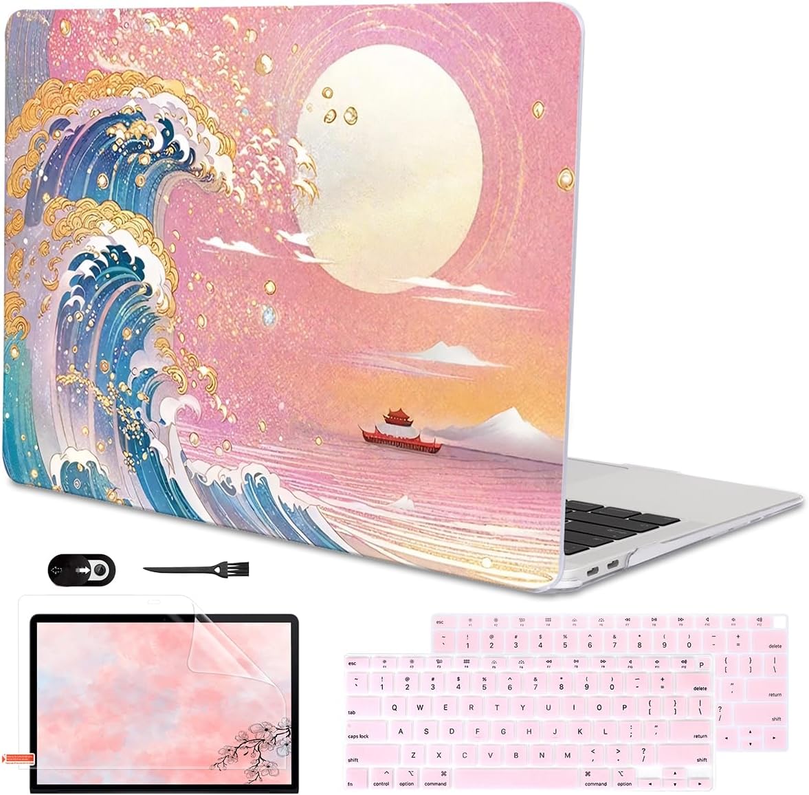 Compatible with 2018 2019 2020 2021 MacBook Air 13 inch Case M1 A2337 A2179 A1932, Clear Printed Pattern Hard Shell Case & Keyboard Cover for Mac Air 13 M1 Touch ID, Sunset Glow Waves