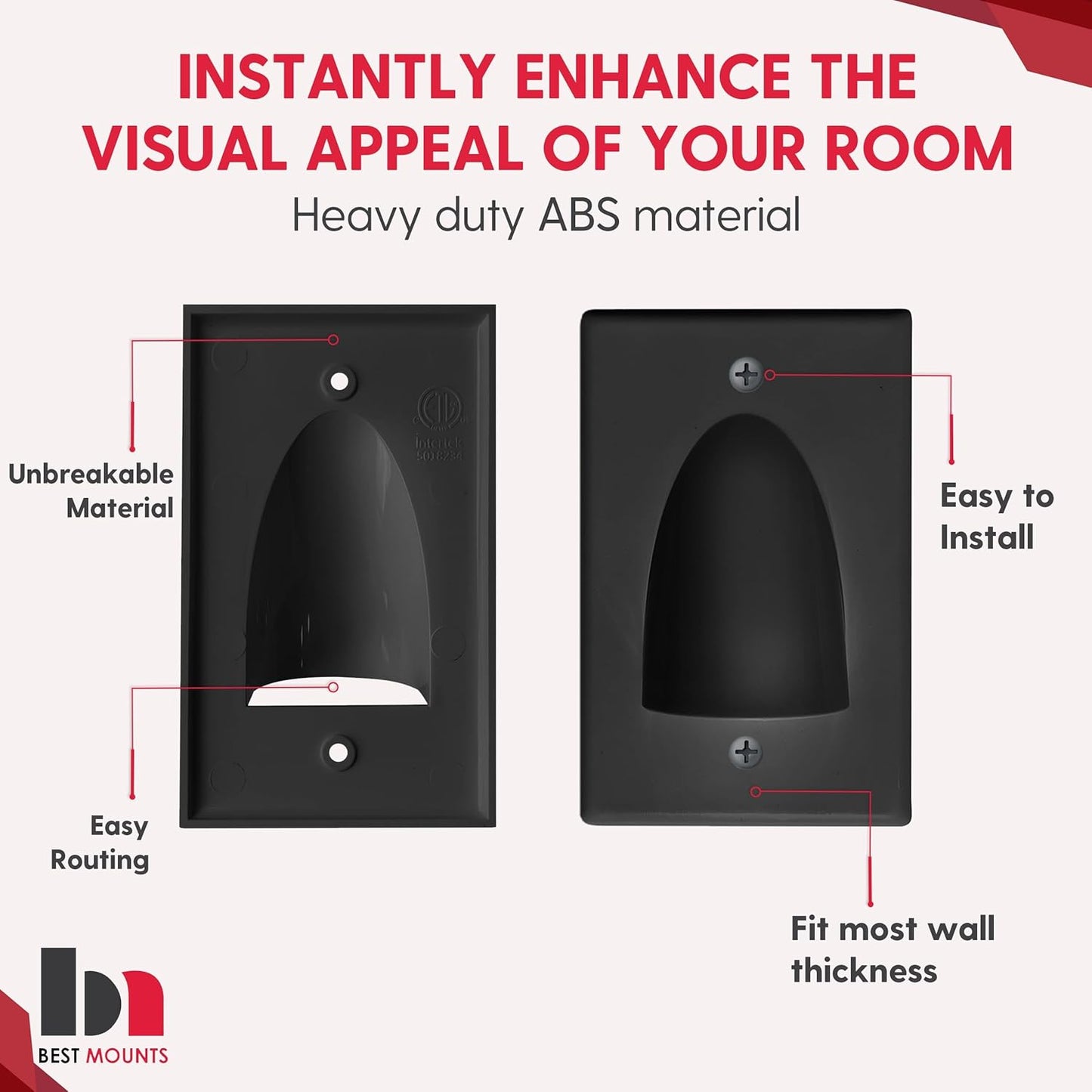 BestMounts - 1 Pack In Wall Cable Management Kit - Recessed Wall Plate Cable Pass Through Pair with Single Gang Low Voltage Mounting Bracket - TV Cord Hider for Wall Mounted TV ETL Listed