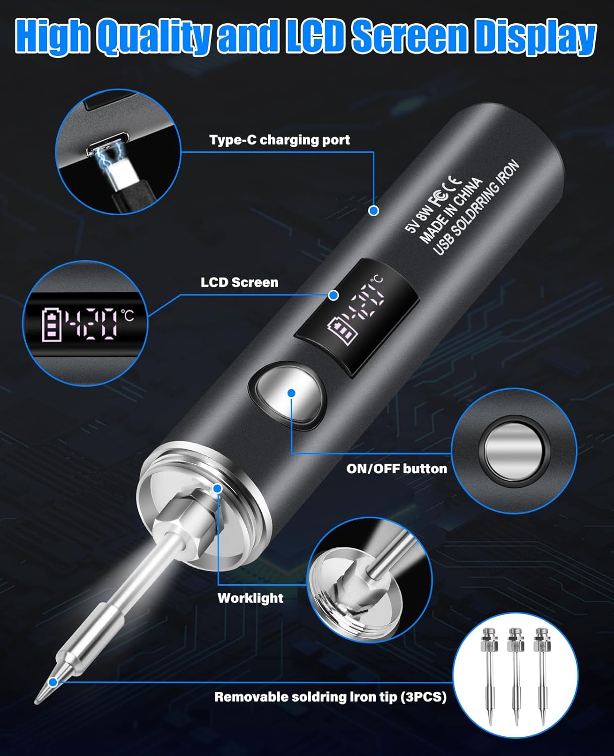 Cordless Soldering Iron Kit, 1400mAh Rechargeable Portable Cordless Soldering Iron, LCD Digital Adjustable Temperature Thermostatic Soldering Gun for Home Appliance Repair