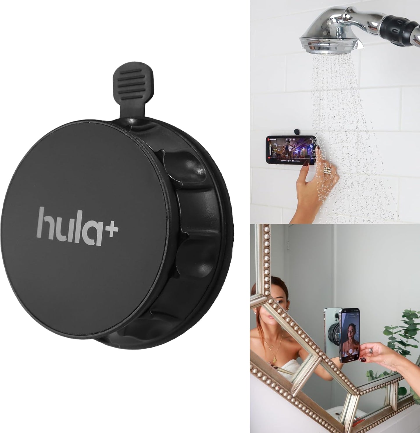 hula+ MagSafe Phone Holder Portable Mount, Reusable Stand for Shower, Mirror, Kitchen, Window, & Bathroom Compatible with MagSafe Adjustable Rotation for Content, TikTok, Movies & Music