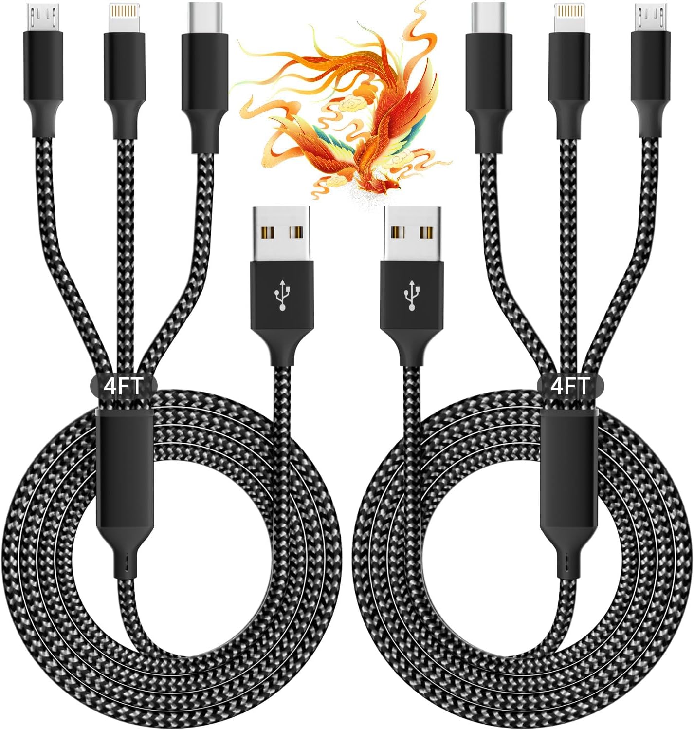 IDISON Multi Charging Cable(2Pack 4FT), 3 in 1 USB Charging Cable for Multiple Devices, Braided Universal Phone Charger Cord with Type-C, Micro USB, IP Port for iPhone16/15/14/Android Phones and More