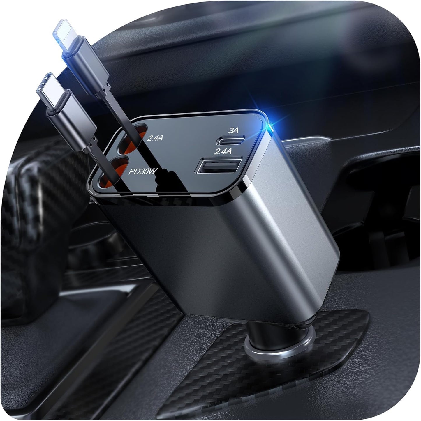 69W Retractable Car Charger, 4-in-1 Fast Car Phone Charger with 2.6ft Two Retractable Cables and USB C+USB A Car Charging Block Cube, Compatible with iPhone 16 15 14 13 12 Pro Max Plus,Galaxy,Pixel