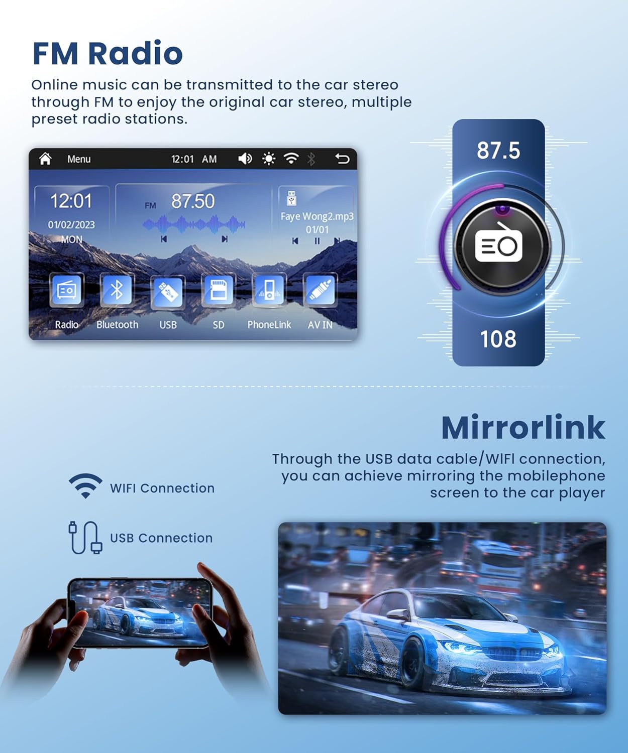 2 DIN Car Stereo Wireless Carplay&Android Auto, USB-C Head Unit 7” Touch Screen Car Radio Volume Knob Bluetooth EQ FM Mirror Link Double USB-A TF +Rearview Camera