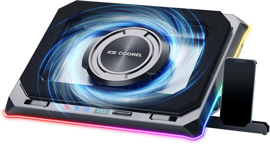 ICE COOREL Gaming Laptop Cooling Pad with Powerful Turbofan, Laptop Fan Cooling Pad for Laptop 15-21 Inches, RGB Laptop Cooler Stand with 8 Height Adjustable, Infinitely Variable Speed, LCD Screen