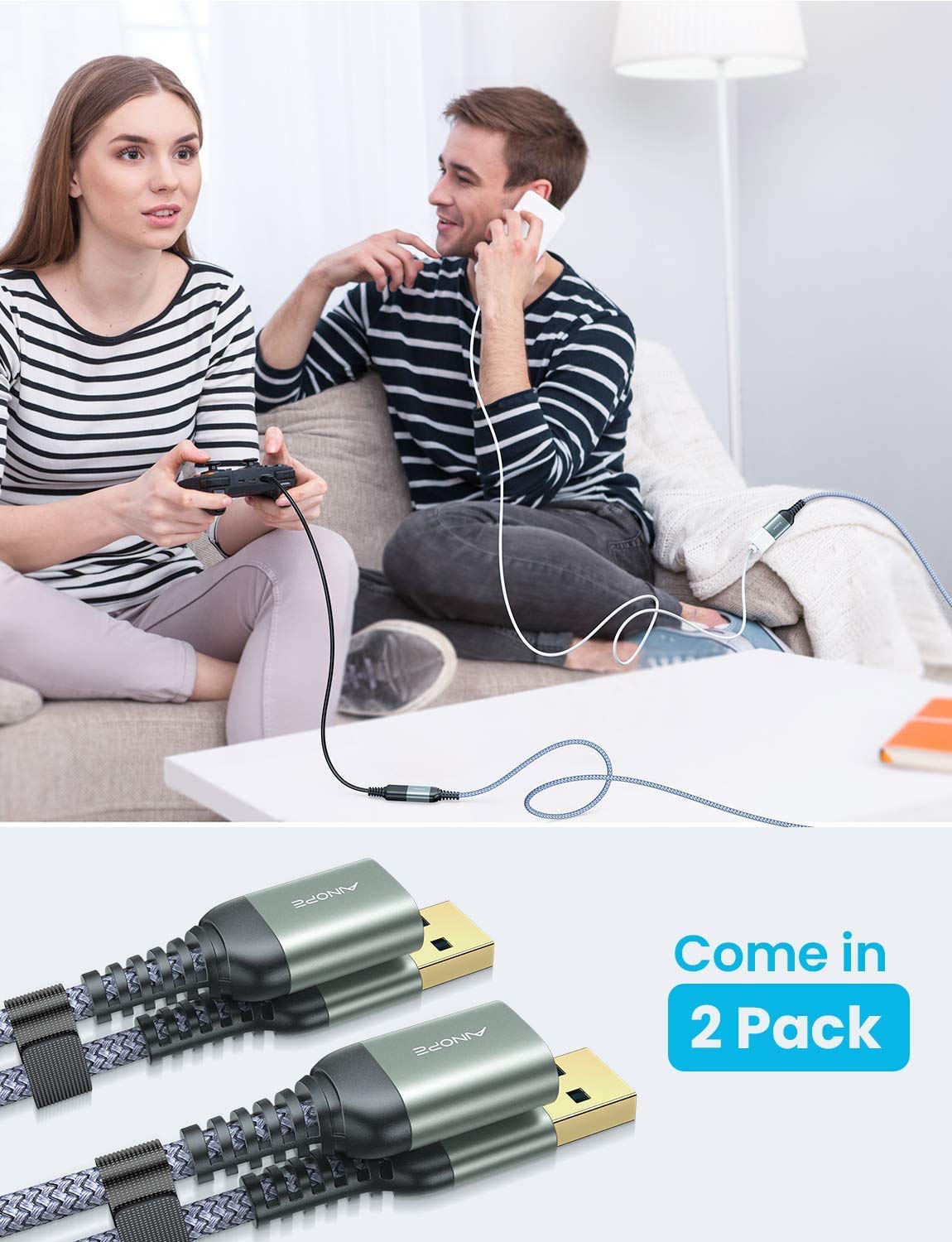 AINOPE 2 Pack USB Extensions Cable High Speed USB 3.0 Extension Cord Type A Male to Female Sturdy Braided Material Fast Data Transfer Compatible with USB Keyboard,Mouse,Flash Drive,Grey,3.3FT+6.6FT