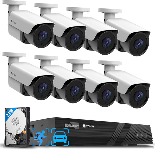 4COVR 4K Surveillance & Security Camera System, 8CH NVR 2TB HDD, AI Human Vehicle Detection, 8X 8MP Commercial IP67 PoE IP Bullet Camera Built-in Mic with Night Vision, 24/7 Recording, LY37EX8M0808