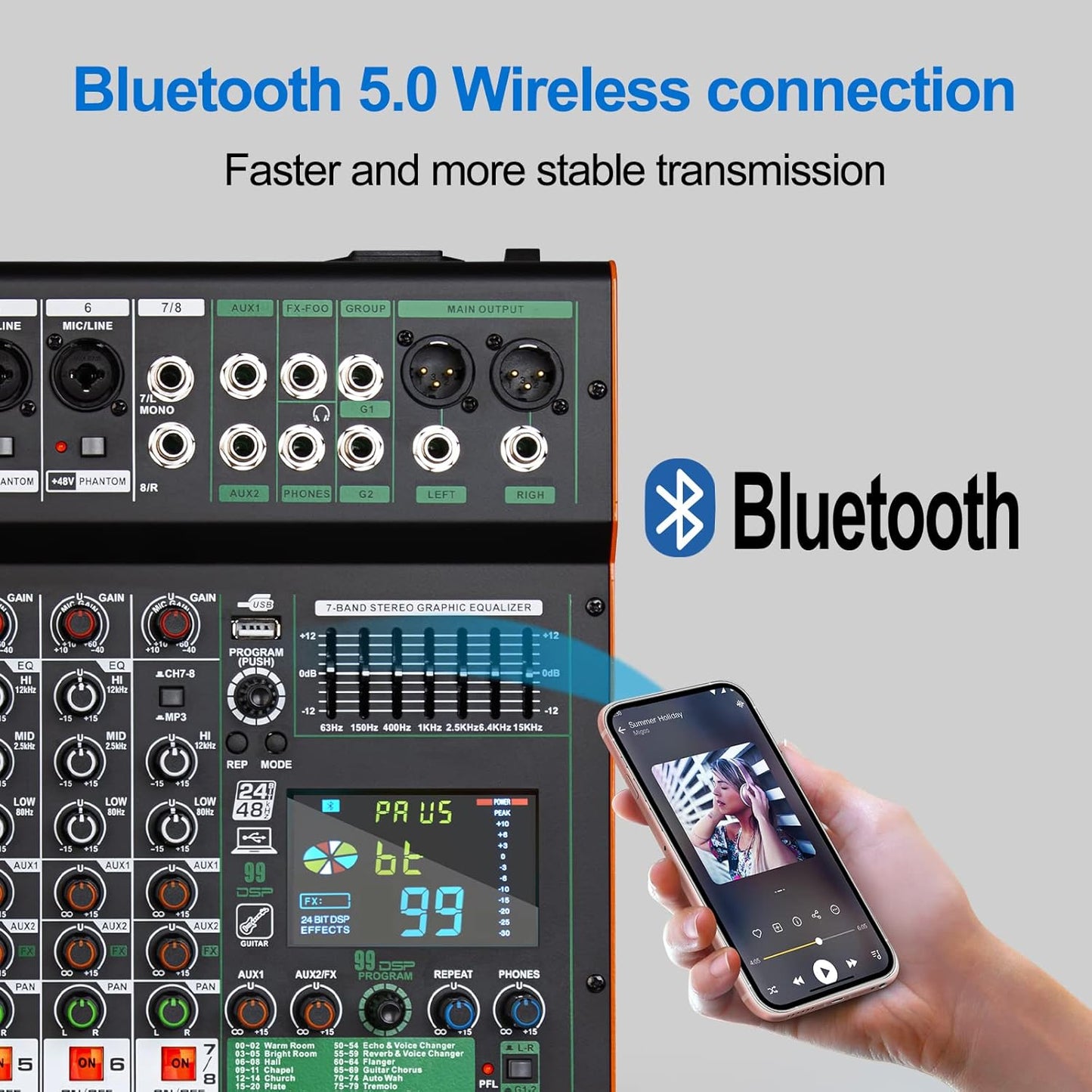 Depusheng TG8 professional dj audio mixer 8 channel input and dual group output with 99-bit dps reverb chip bluetooth usb recording and mp3 playback suitable for stage, bar, recording studio