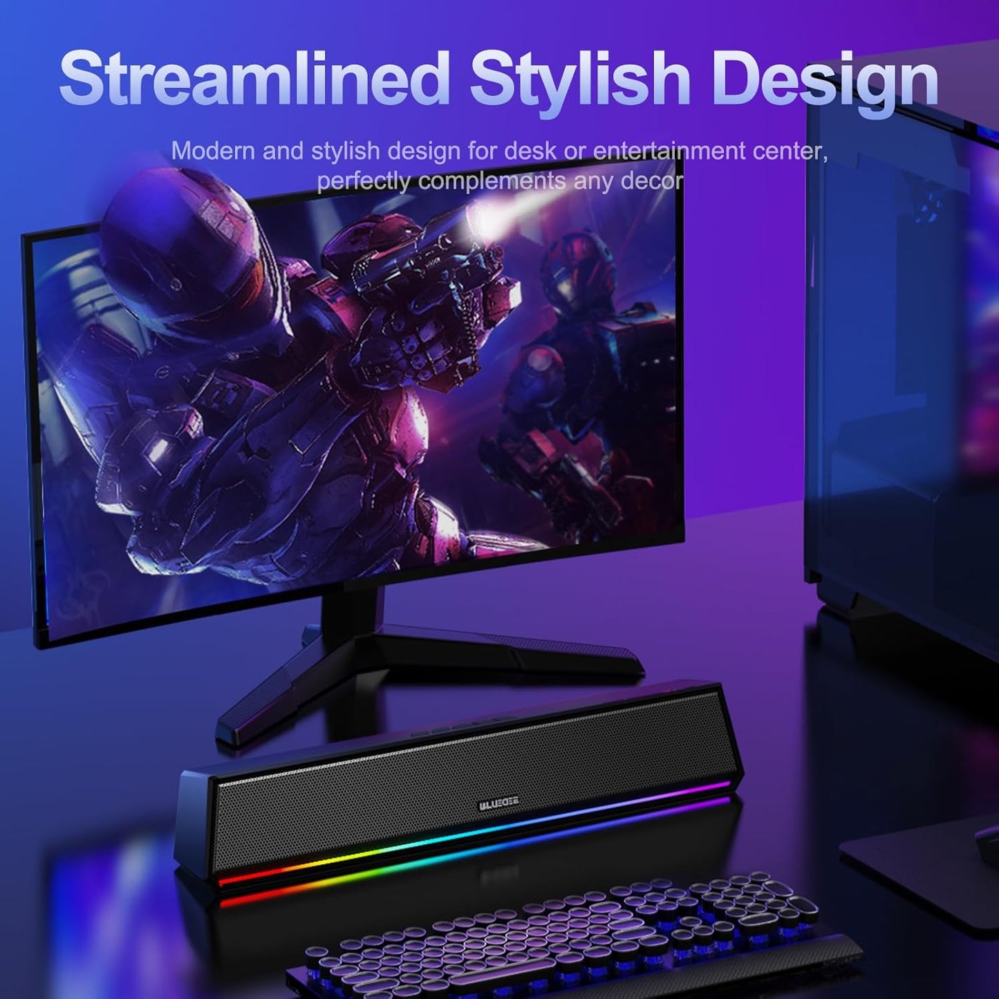 Bluedee Computer Speakers for Desktop PC, Bluetooth 5.3 PC Speakers with Dynamic RGB Light, Wired USB Plug & Play Computer Sound Bar, USB/Type-C Powered Gaming Speakers for Desktop, Laptops, Tablet