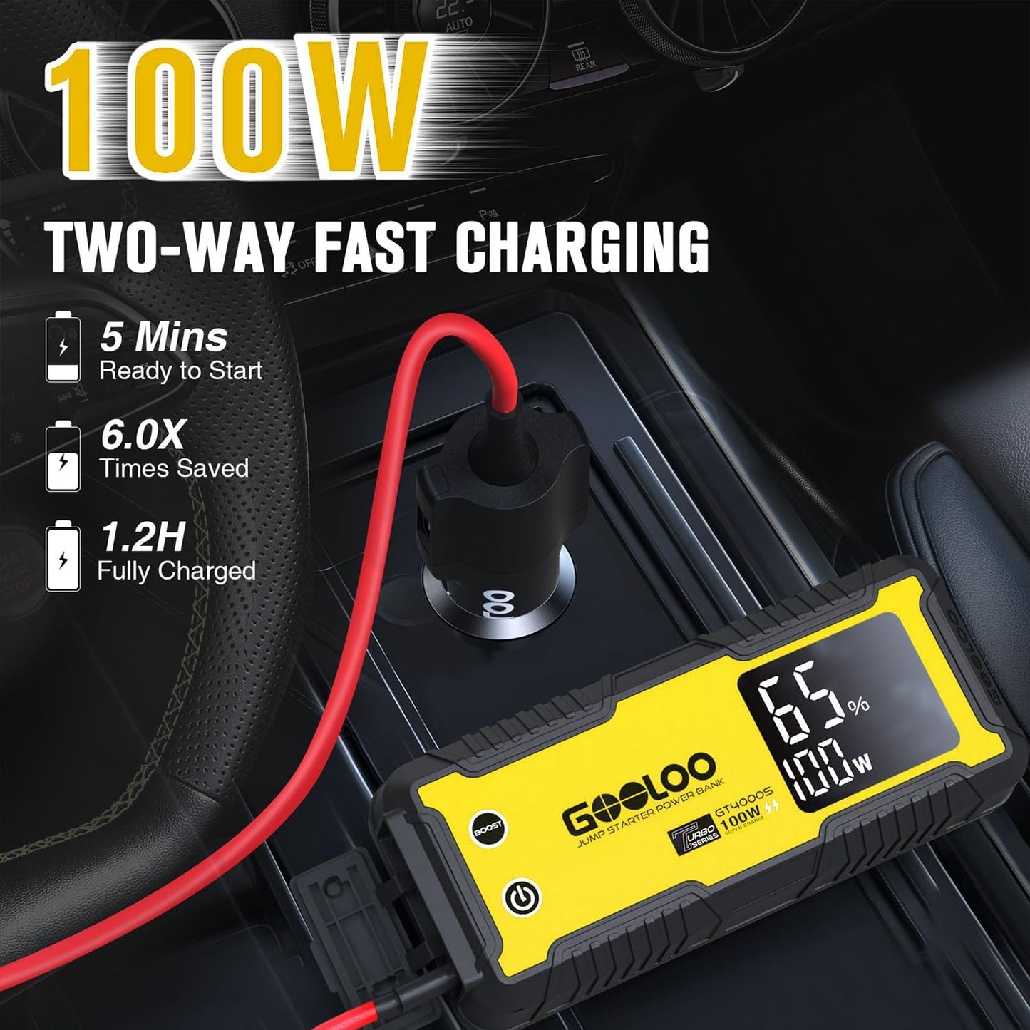 GOOLOO GT4000S Jump Starter 4000A Car Jumper Starter (Up to 10L Diesel All Gas Engines), 100W Fast-Charging Lithium Jump Box, SuperSafe Portable Car Battery Charger Power Bank for 12V Vehicles, Yellow