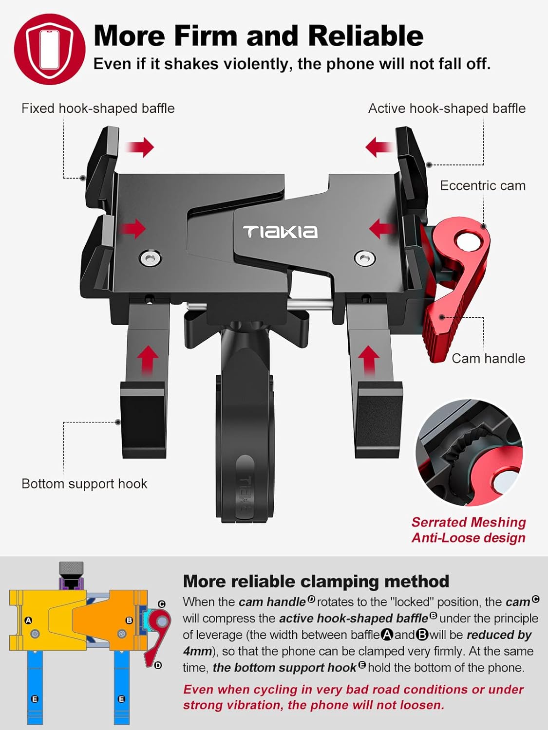 Tiakia Bike Phone Mount Holder, Aluminum Motorcycle Phone Mount, Handlebar Mounted Cell Phone Holder for Bike, 360° Rotation, Universal Bicycle Phone Mount for 4.5-7 Inch Phones