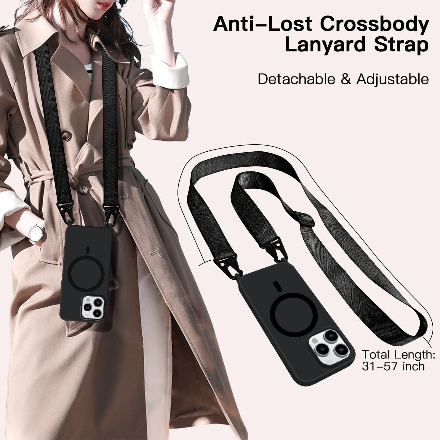 for iPhone 16 Case with Lanyard [Compatible with MagSafe], Crossbody Phone Case with Neck Strap Adjustable, Magnetic Phone Cover for iPhone 16 6.1'' Black