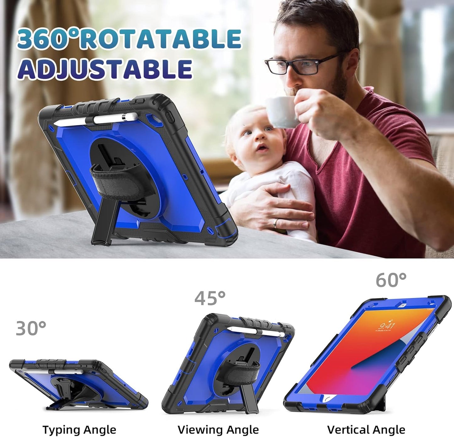 BLOSOMEET Case for iPad 8th 9th Generation 2020 2021 10.2 Inch with Tempered Glass Screen Protector & Pencil Holder,Rugged iPad 7th Gen 10.2 Case Cover 2019 w/Stand Hand Shoulder Strap,Blue