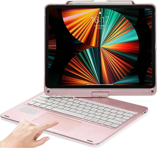 360° Rotatable Keyboard Case for iPad Air 13 inch (M3/M2-2025/2024)/Pro 12.9 (6th, 5th, 4th, 3rd Gen) with TouchPad, Backlits Aluminum Alloy Smart Case with trackpad Keyboard, Rose Gold