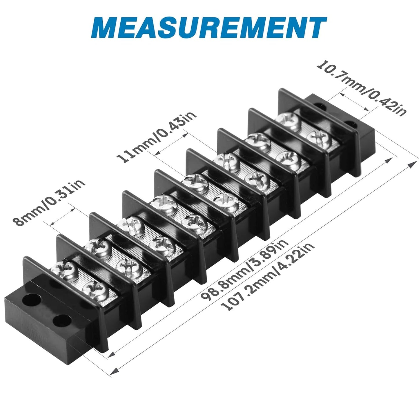 GLOSO Terminal Blocks Double Row Stainless 11 mm Pitch TBC, Marine Grade, 12-22 AWG Cu, 25A/300V - 1 Pack, 8 Poles