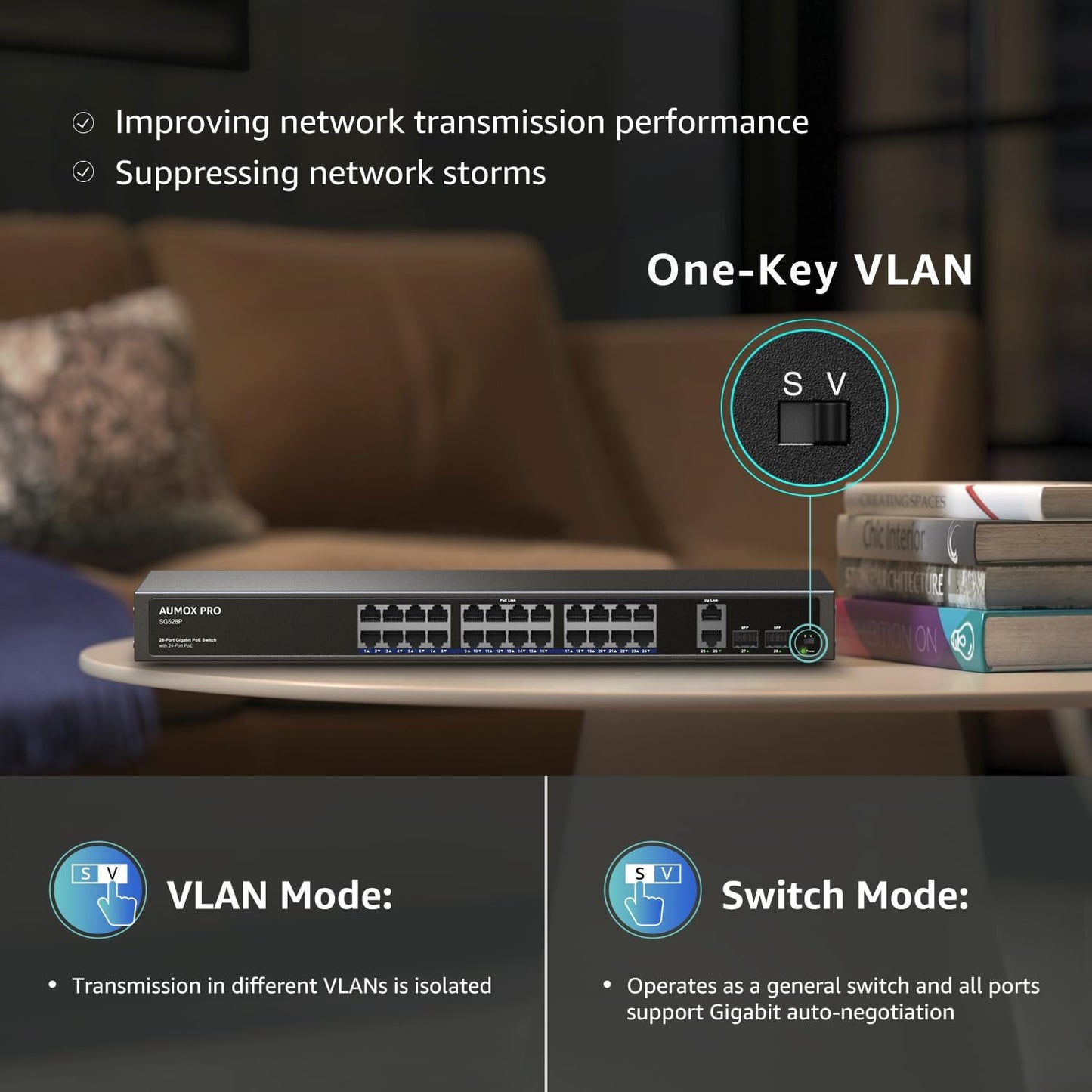 24 Port Gigabit PoE Switch,AUMOX PRO 28 Port PoE with 2 x Uplink Gigabit Ports, 2 x 1G SFP Slots 400W SG528P ,Plug and Play,Metal Case Desktop, Wall Mount or Rackmount Network Switch,802.3af/at