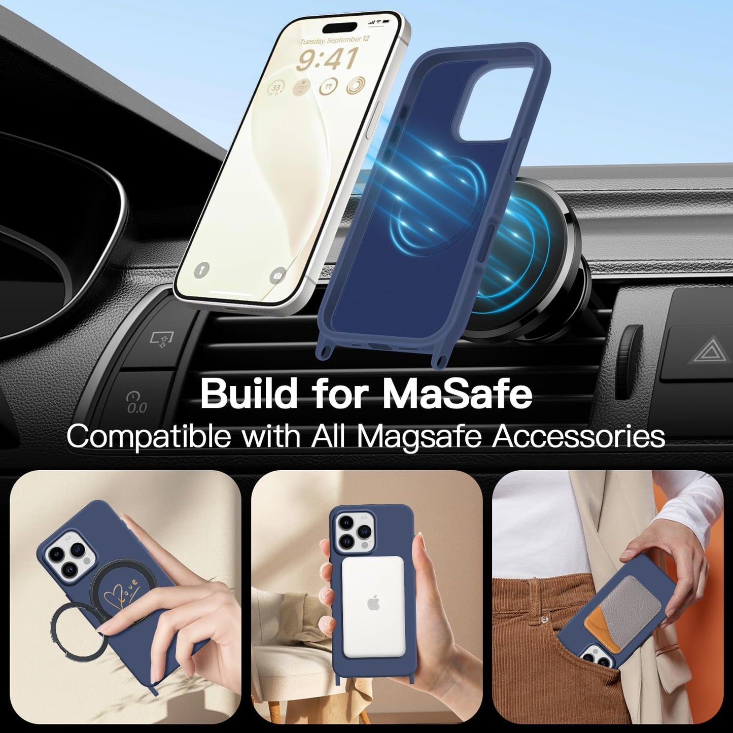 Crossbody Case for iPhone 16 Pro with Strap, [Compatible with MagSafe], Cute Love Heart Silicone Phone Case with Neck Lanyard for Girls Women