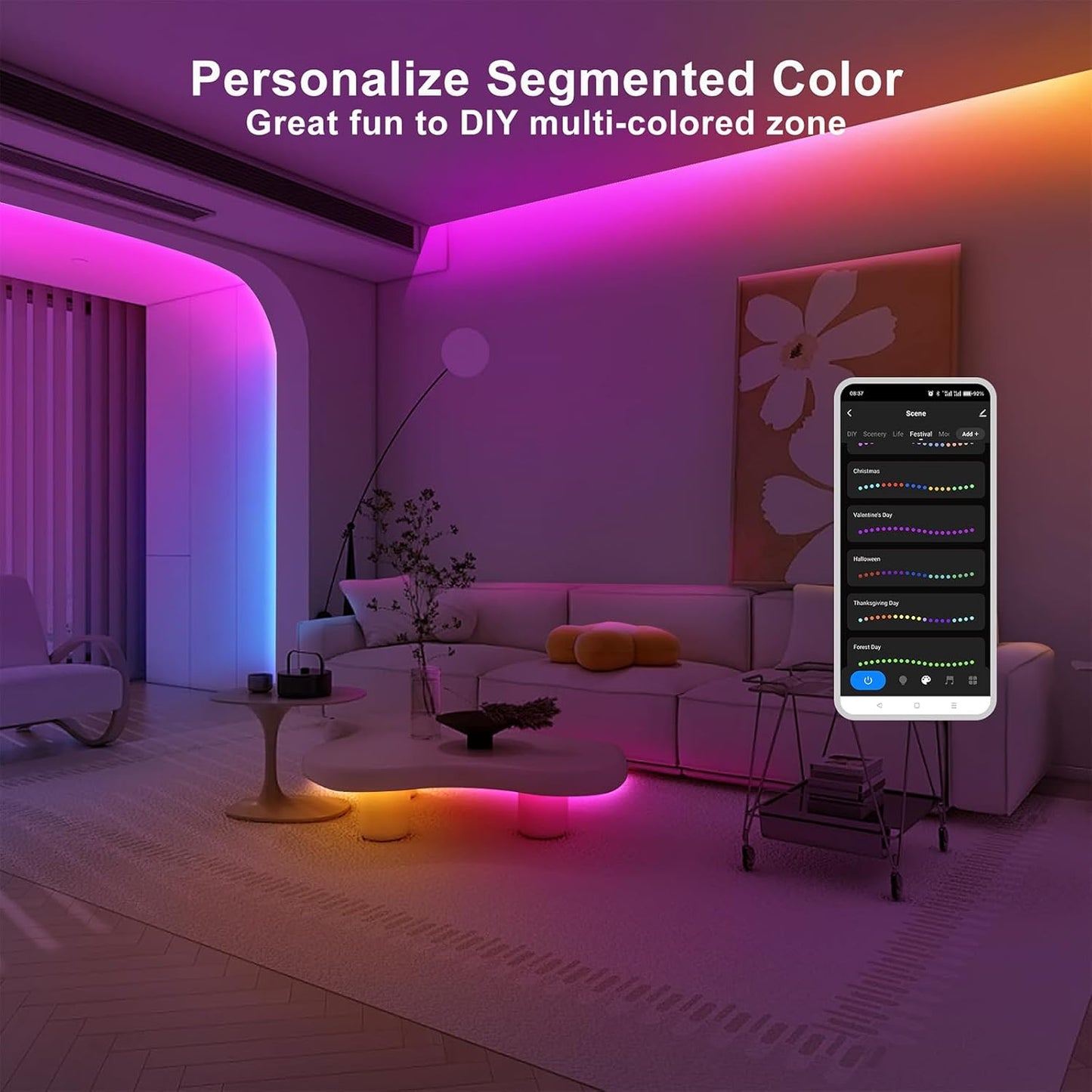 16.4ft Bluetooth RGB+IC COB Led Strip Light with App, Chasing COB Light Strip, Segmented Control, Music Sync, Color Changing Led Lights for Home Decor, Gaming, Cabinet, Desk