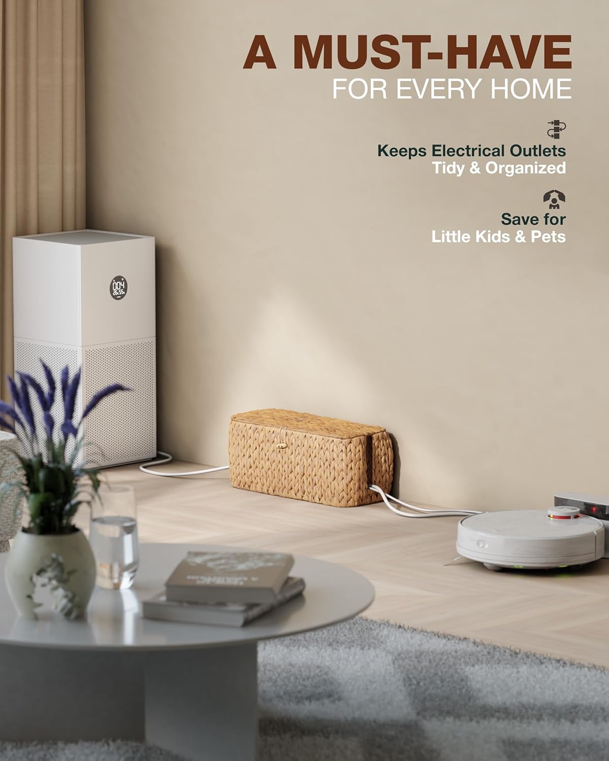 BLUEWEST Pack 2 Large Cable Management Box, Wicker Hyacinth Rattan Cable Organizer and Cover with 2 Open Slots and Safety Lock for Under Desk Power Strip, TV Wires, Computer, Router, USB Hubs