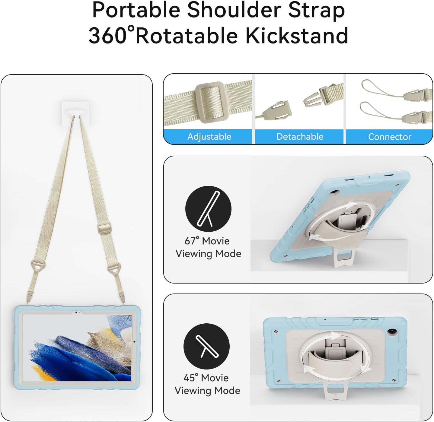 for Samsung Galaxy Tablet A8 Case 10.5 inch 2022 SM-X200/X205/X207 with Screen Protector [360 Rotating Stand] &Hand Shoulder Strap Shockproof Rugged Protective Cover|Blue&Beige