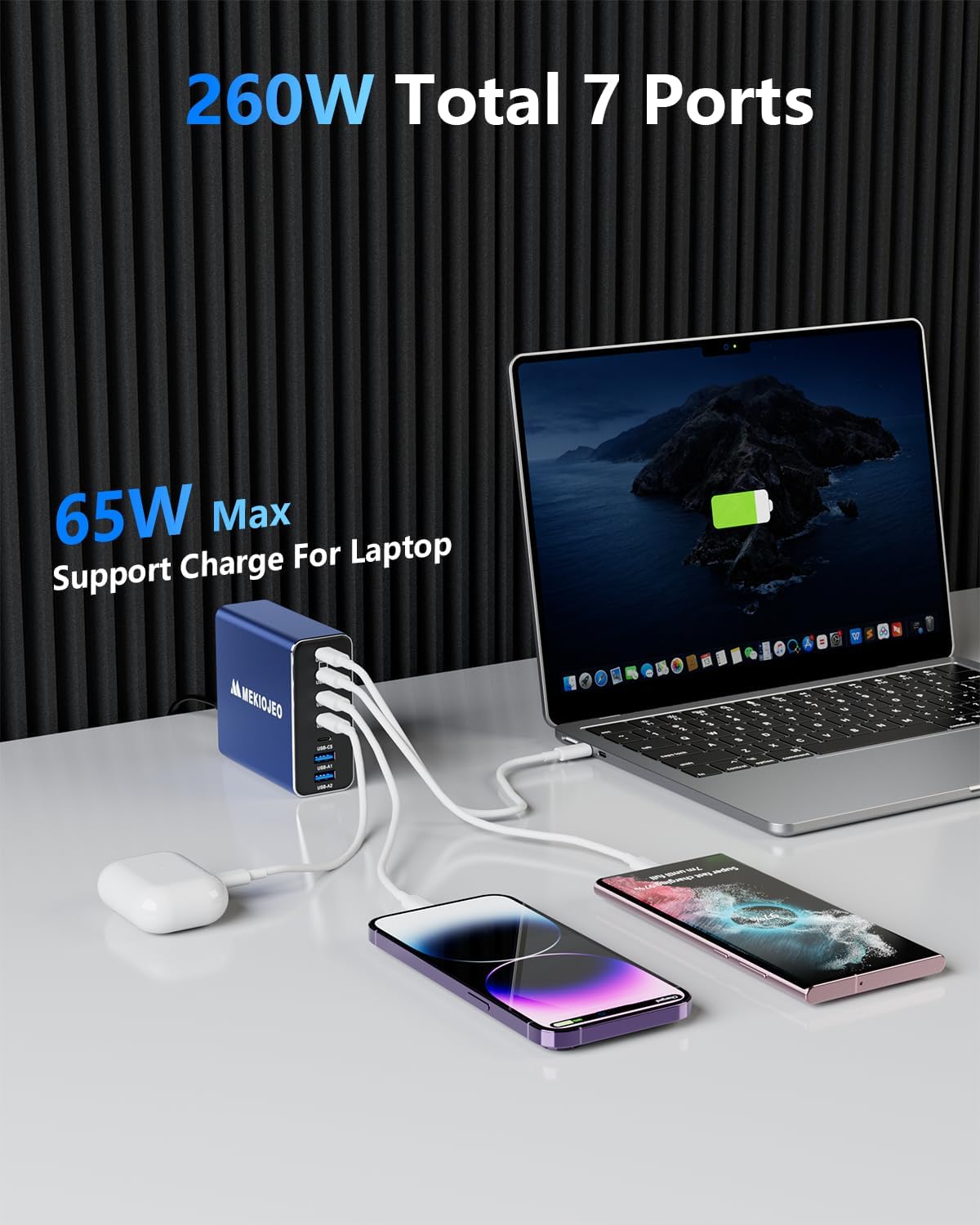 Aluminum Alloy USB C Charger 260W GaN Fast USB C Charging Station 7 Ports 65W Laptop Charger for MacBook Pro/Air/iPad Pro/iPhone (Blue)