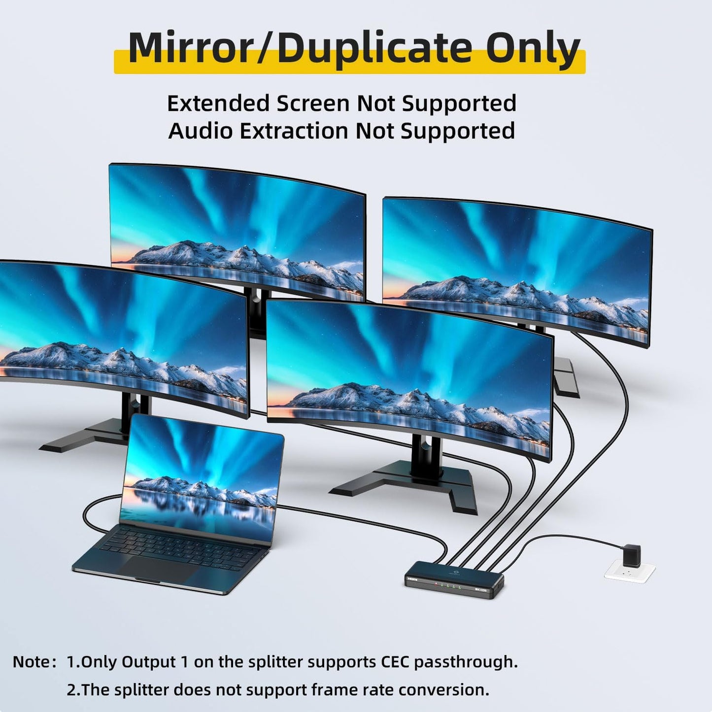 8K HDMI Splitter 1 in 4 Out, 1x4 Duplicate/Mirror Screens, HDMI 2.1, 8K@60Hz, 4K@240Hz (DSC), 4K@120Hz, Auto Downscaling, 48Gbps, HDCP 2.3, Compatible with Xbox, PS5, Blu-ray Player