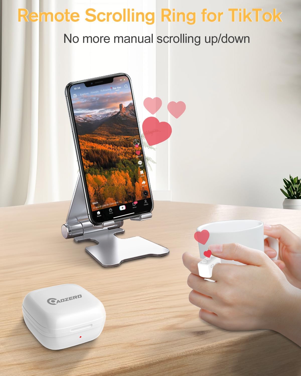 ADZERD Remote Control for TikTok, Page Turner for iPhone/iPad, Bluetooth Camera Video Recording Remote, Scrolling Ring for TIK Tok, Compatible with iOS/Android Phones & Tablets - White