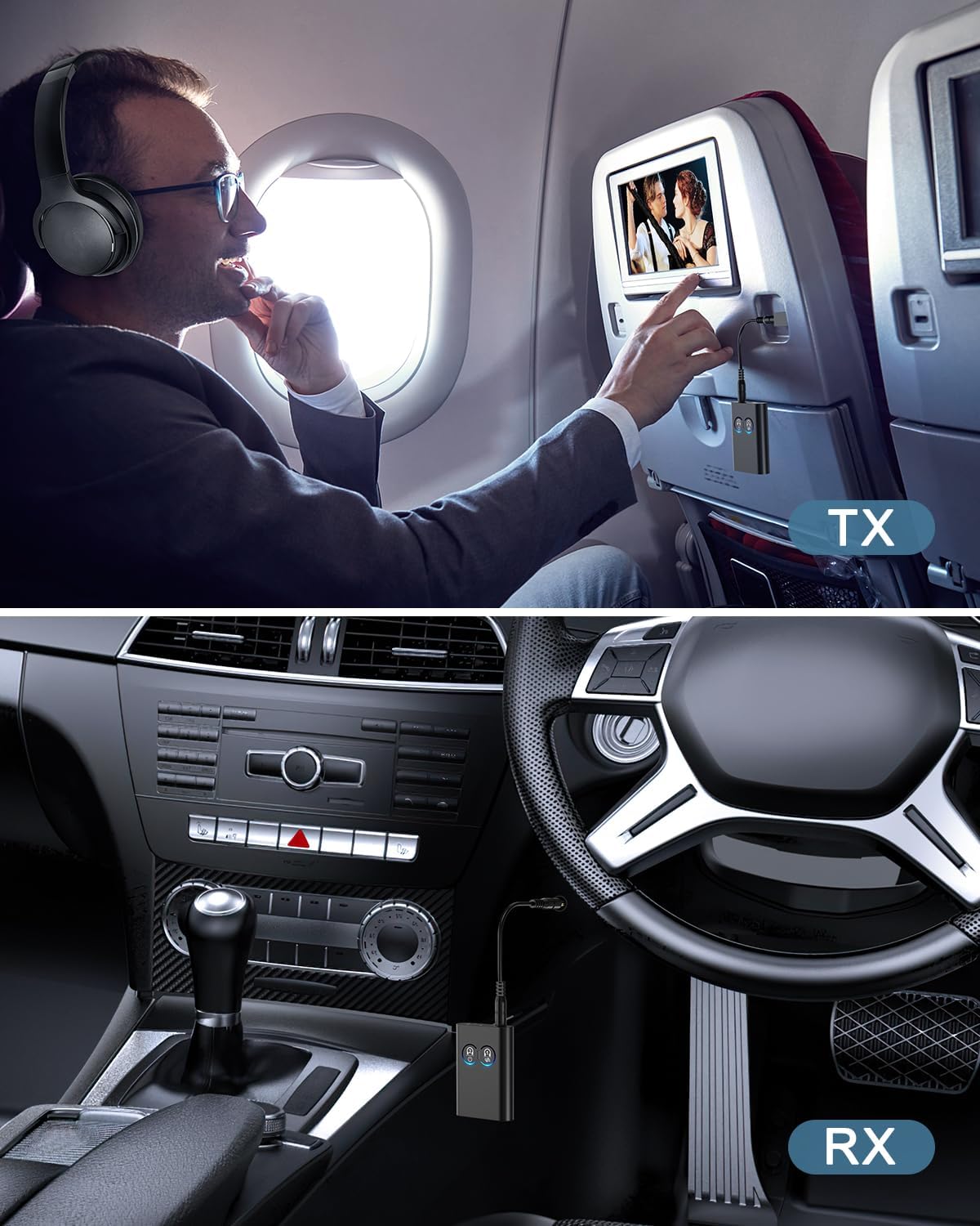 Bluetooth 5.2 Transmitter Receiver, Upgraded 2-in-1 Airplane Wireless Adapter, Dual Link AptX Adaptive/LowLatency/HD Audio, Aux Adapter for Home Stereo, Airplane, Boat, Gym