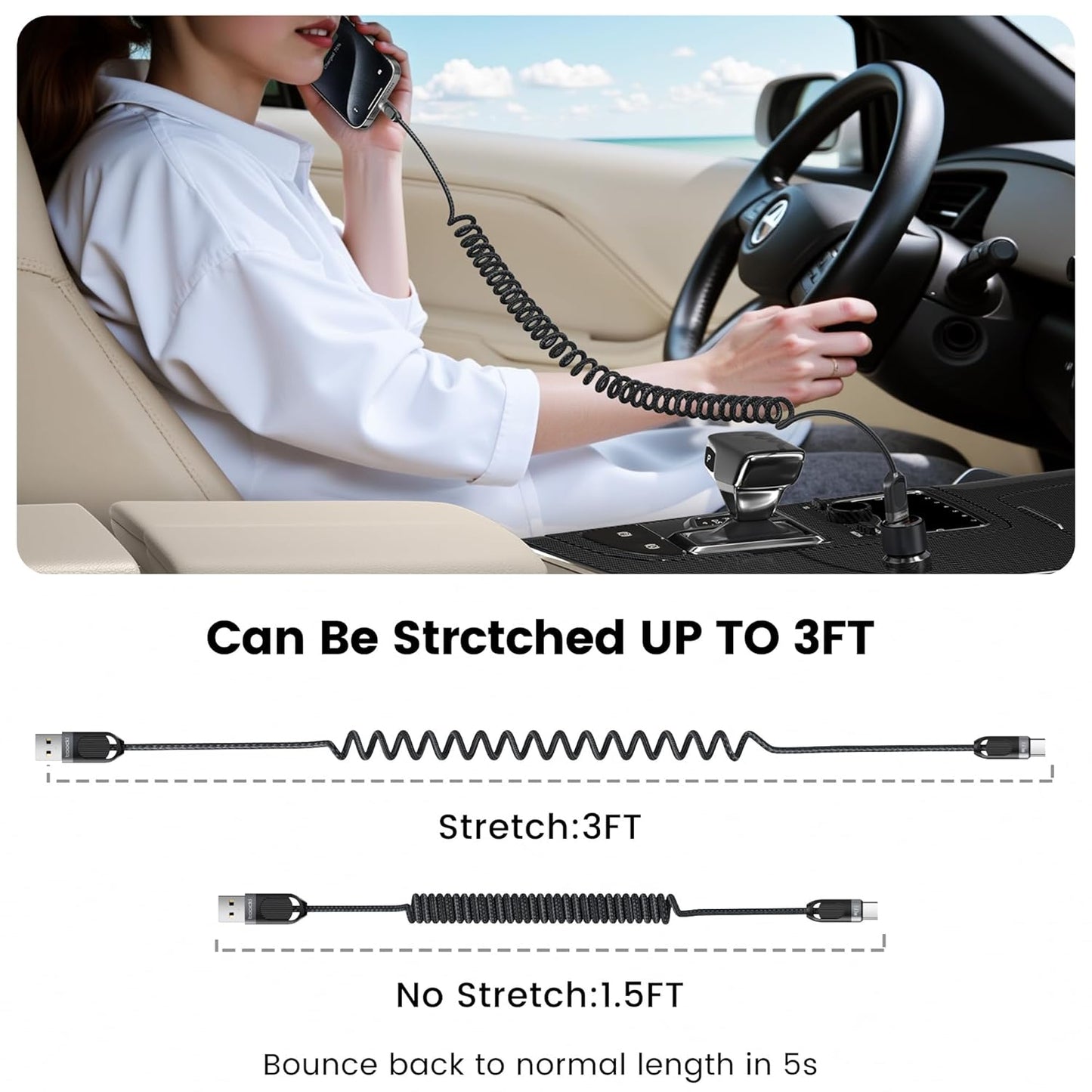 Coiled USB A to USB C 2Pack 3FT Braided Retractable Fast Charging Cable for Car, Compatible with iPhone 16/15 Pro Max/Galaxy S24/S23/S22, Supports Car Play & Android Auto-Black