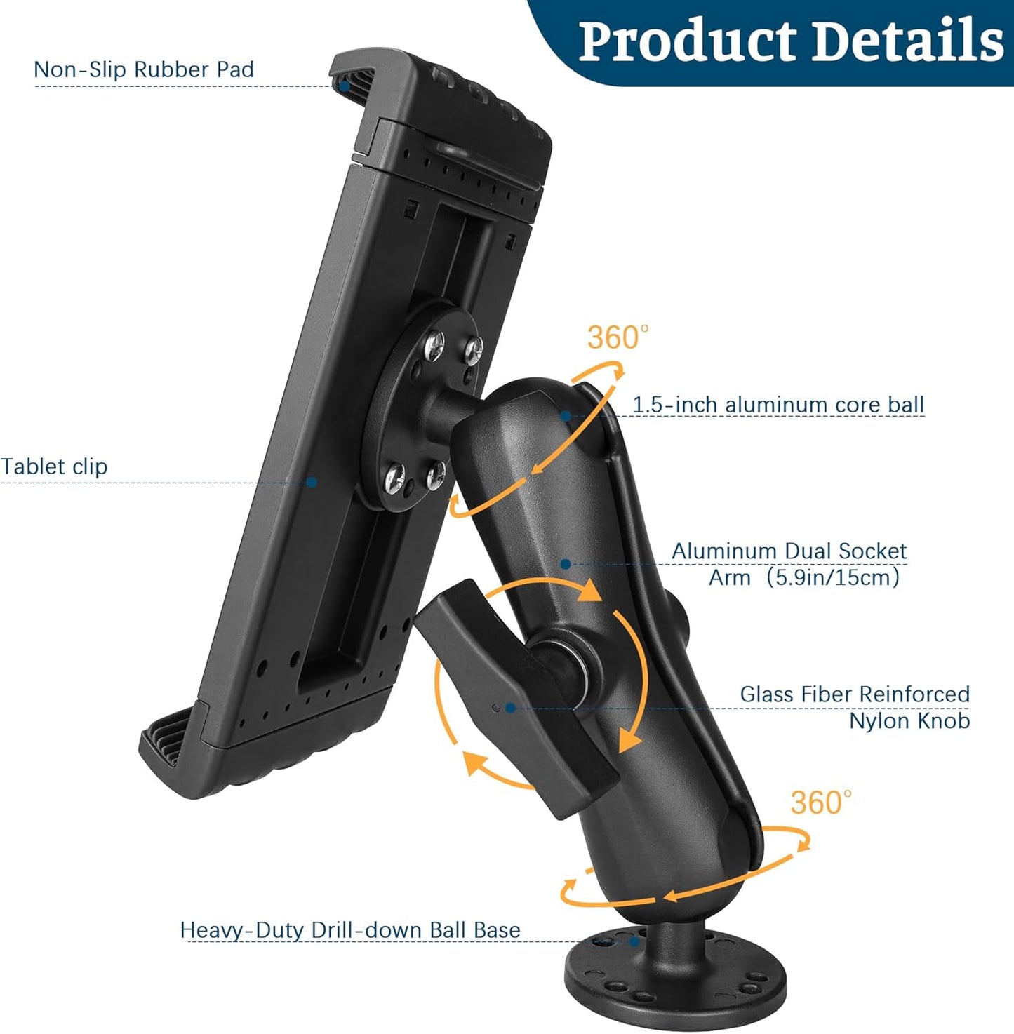 Heavy Duty Tablet Mount for Truck, Aluminum Drill Base Tablet Holder, Compatible with 7.5''-10.2'' Tablets/iPad, Industrial iPad Holder for Wall, Truck, Warehouse,Dashboard,Boat