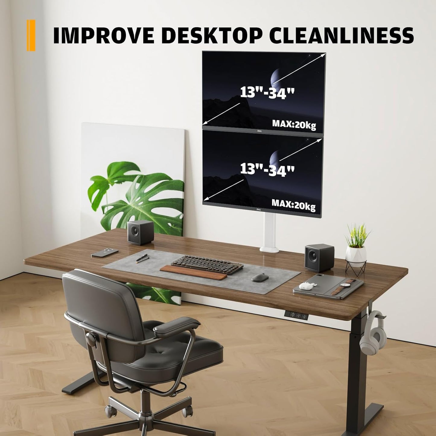 Hemudu Dual Monitor Articulating Desk Mount Arm Stand - Vertical Stack Screen Supports Two 13 to 34 Inch Computer Monitors with C Clamp White