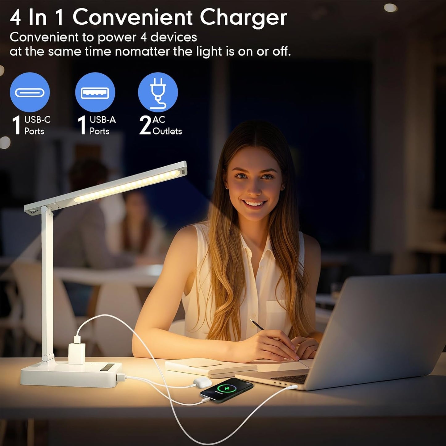 Desk Lamp with 4-Port Charging Station (2 AC Outlets, USB-C, USB-A), 5 Color Modes & Adjustable Brightness, Flexible Gooseneck Arm, Eye-Protecting LED Light Source, Ideal for Home Offices & Bedrooms