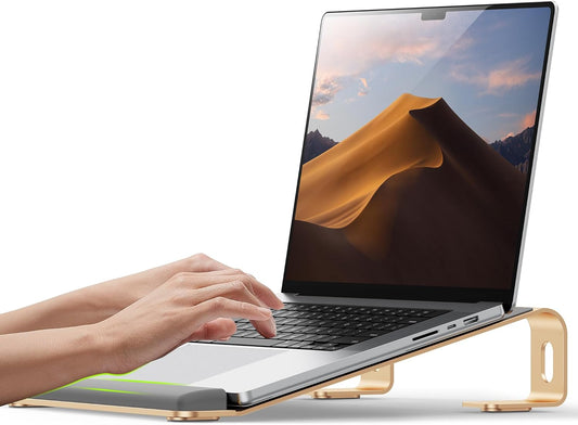 Aluminum Laptop Stand, Notebook Stand with Wrist Rest, Ergonomic Detachable Laptop Mount, Computer Stand Compatible with 10-17'' All Laptops Such as MacBook Air Pro/HP/Dell/Lenovo, Gold
