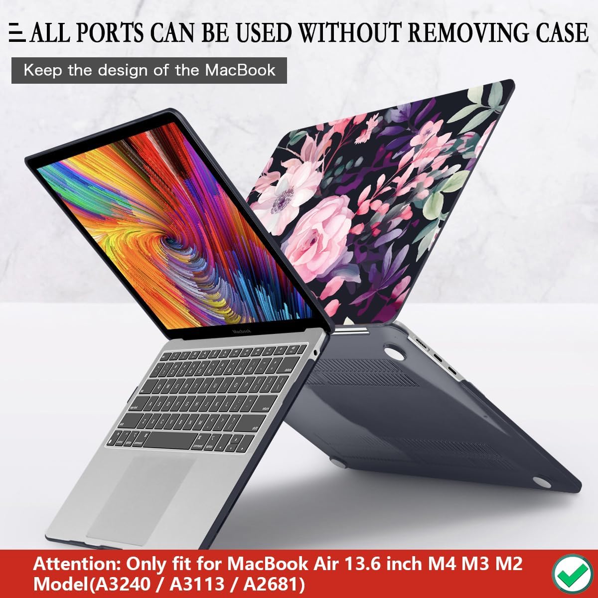 CISSOOK Compatible with MacBook Air 13.6 inch Case 2025 2024 2022 Release Model A3240 A3113 A2681, Flower Plastic Hard Shell Case Black Cover for MacBook Air 13 inch M2 M3 M4 - Pink Flowers