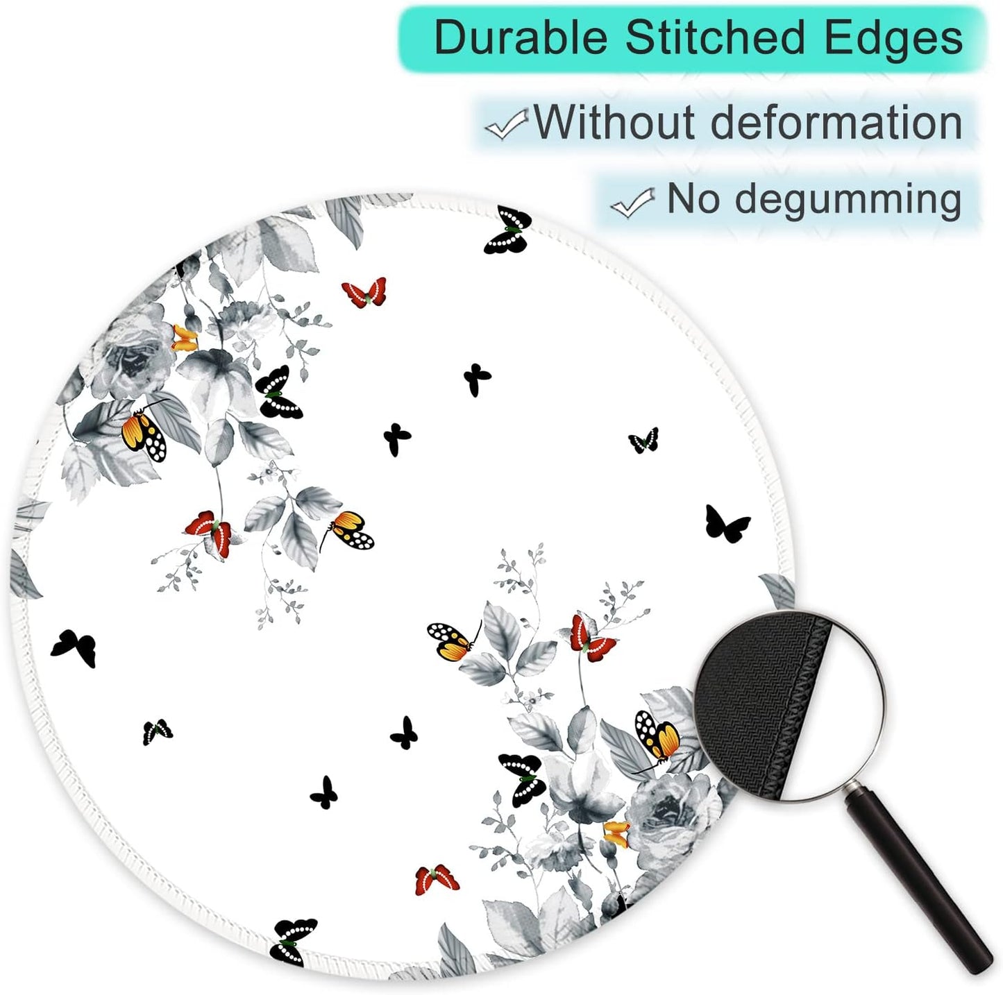 ITNRSIIET Round Mouse Pad with Stitched Edge Premium-Textured Waterproof Non-Slip Rubber Base Desktop Protection Mat Diameter 8.7 inches, Flowers and Butterflies