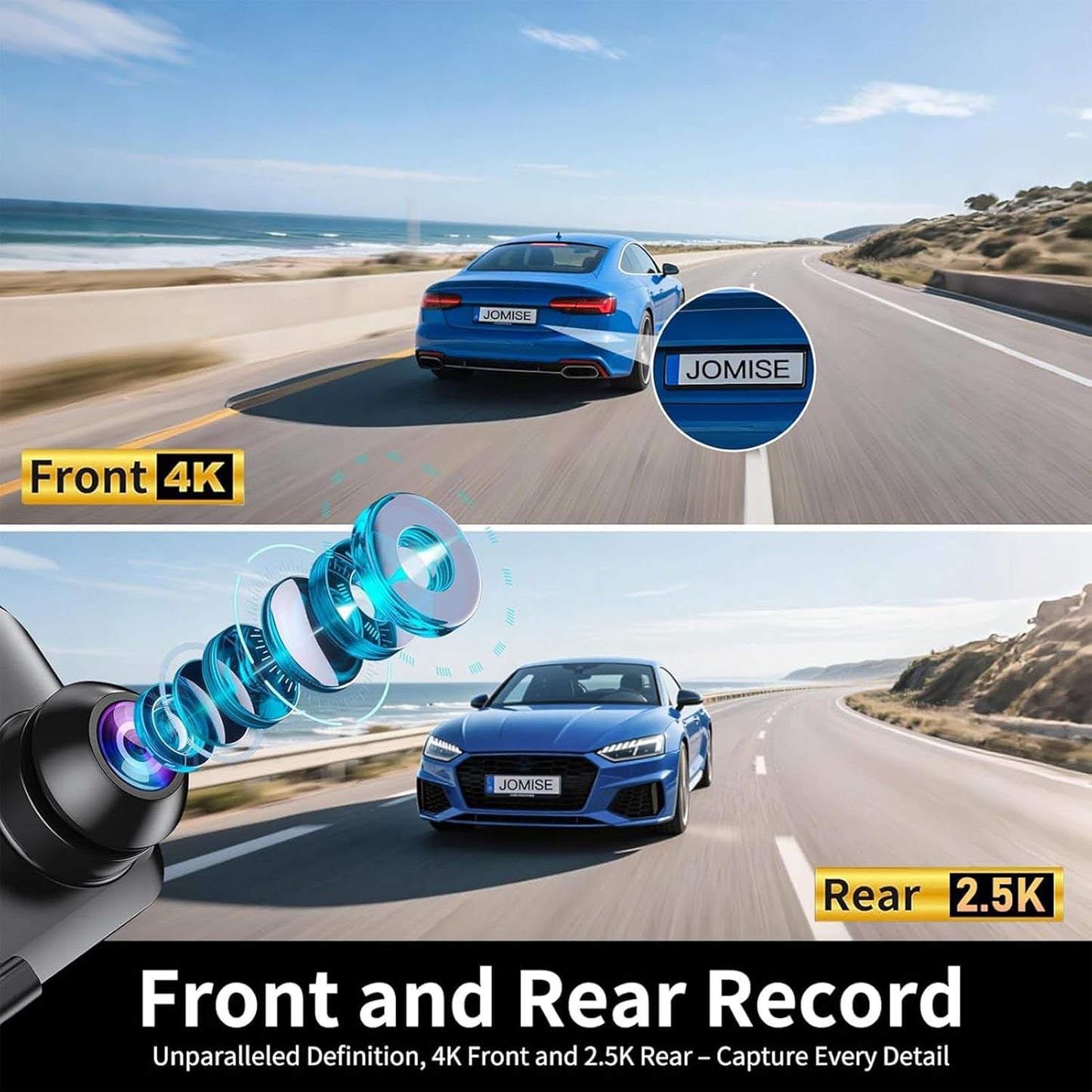 JOMISE G814 11" 4K+2.5K Rear View Mirror Camera — No WiFi/Bluetooth, Mirror Dash Cam Front and Rear, Pure Evidence Recorder, Dash Cam for Cars, 3X Zoom, 64GB Card Included