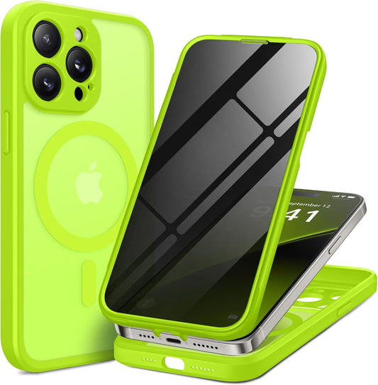 BERFY Magnetic for iPhone 14 Pro Max Case,Compatible with MagSafe,Built-in Privacy Screen Protector and Upgraded Camera Protection,Anti-Spy Full Body Shockproof Phone Case for 14 Pro Max, Bright Green