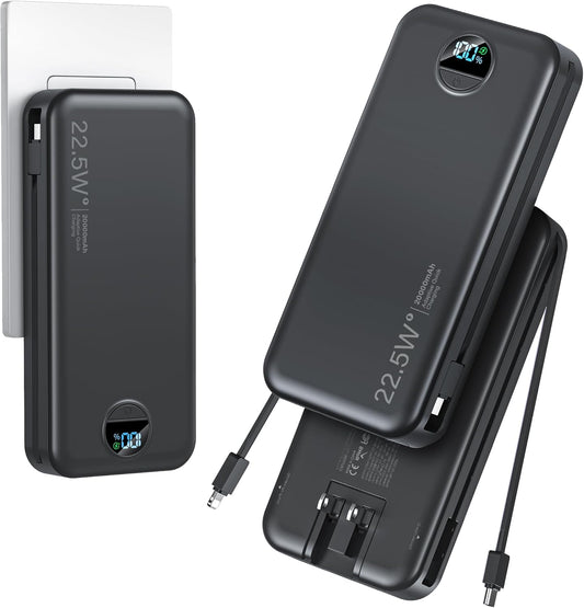 20000mAh Ultra-Portable-Charger-Power-Bank with Built in Cables&AC Wall Plug,PD20W USB-C Fast Charging Cell Phone Charger Battery Pack,LED Display Travel Battery Bank for All iPhone,Samsung,Android