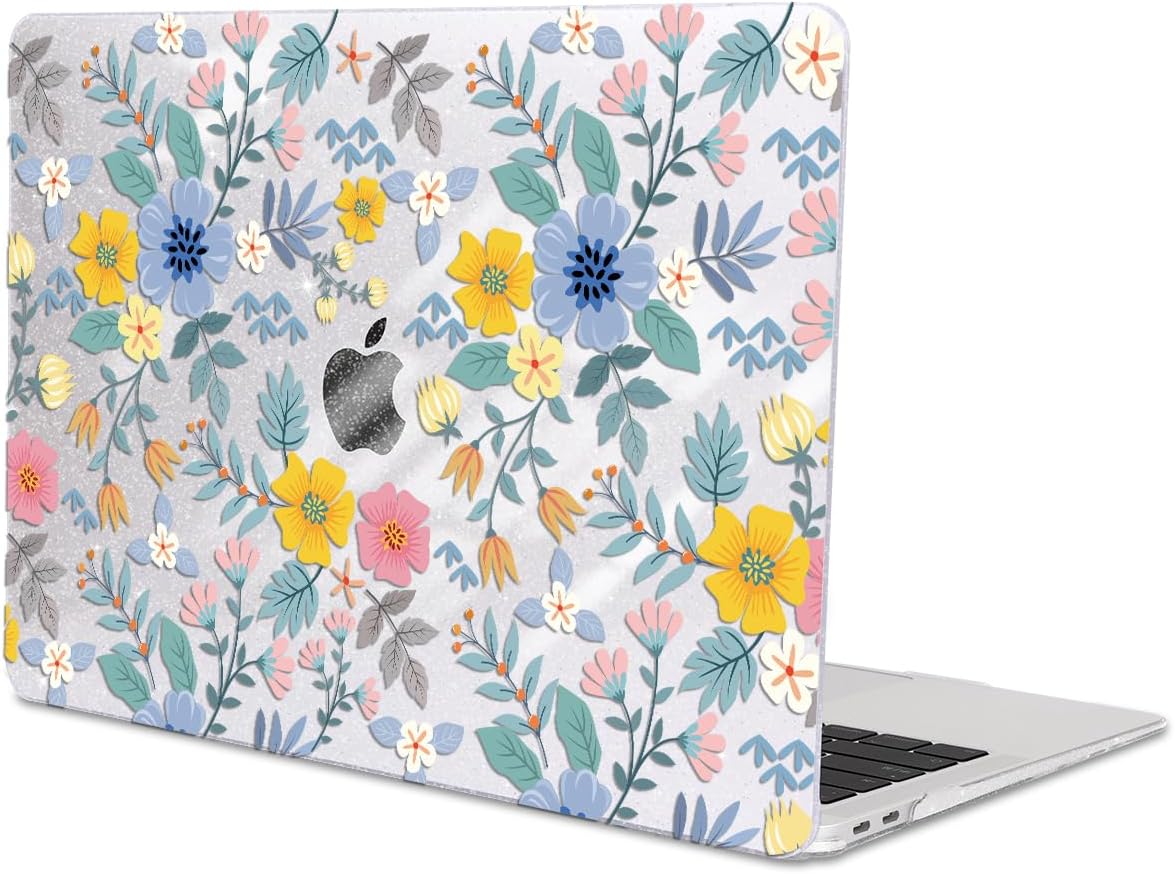 for MacBook Pro 13-inch Case 2022 2021 2020-2016 Release M2 M1 Chip A2338 A2251 A2289 A2159 A1989 A1706, Shiny Clear Pattern Plastic Hard Shell Case Keyboard Cover Screen Film, Flowers L213