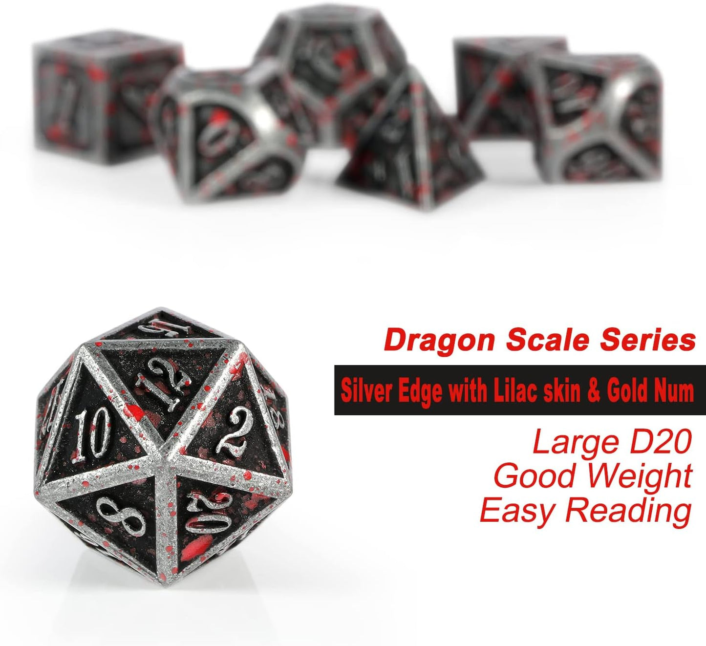 Acient Silver Bloodstained Metal Dice Set DND, DNDND 7PCS Metallic Halloween Die with Metal Case for Dungeons and Dragons Tabletop Games
