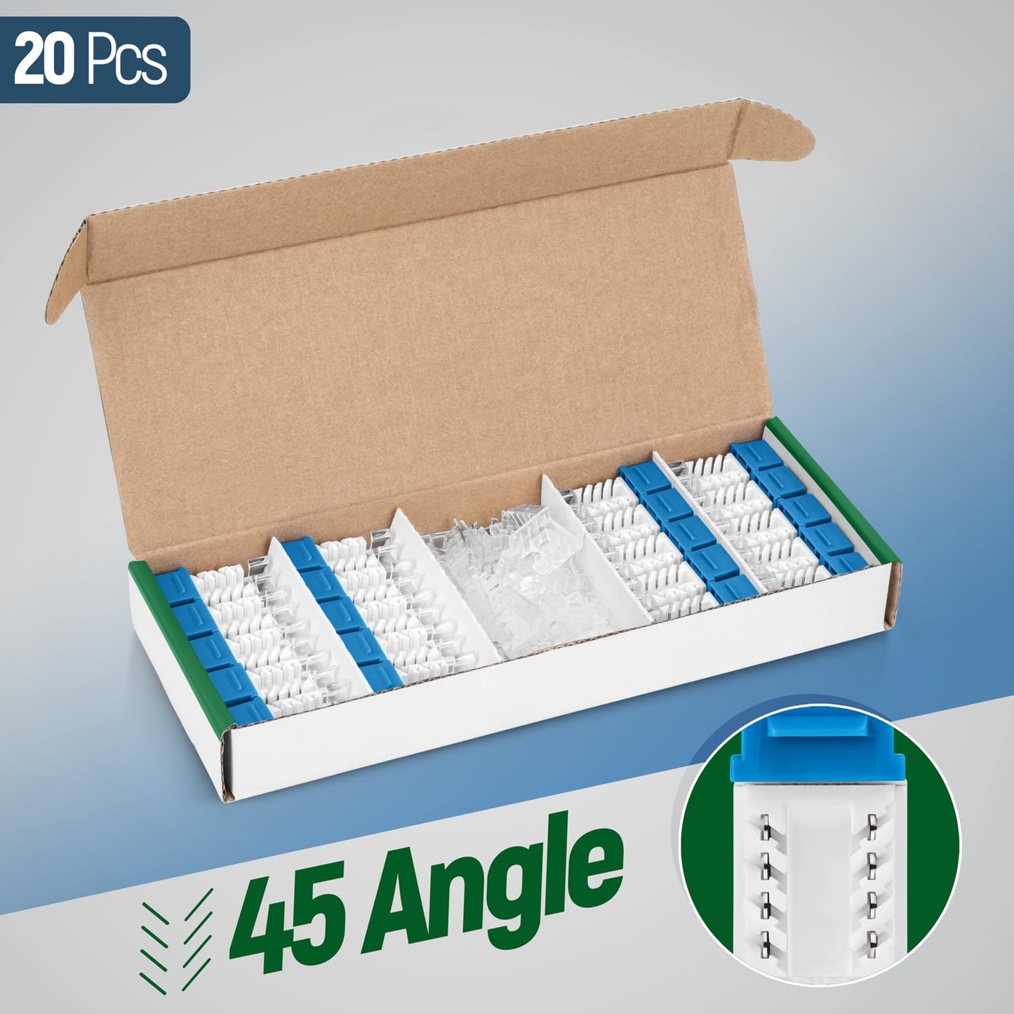 Everest 45° Angled RJ45 Cat6A Keystone Jacks 20-Pack in Blue - Slim Profile Female RJ45 Connectors - Cat 6A Keystone Jack - Compatible with 45° Angled Speed Termination Tool - 45Term (B0BL3GS7ZY)