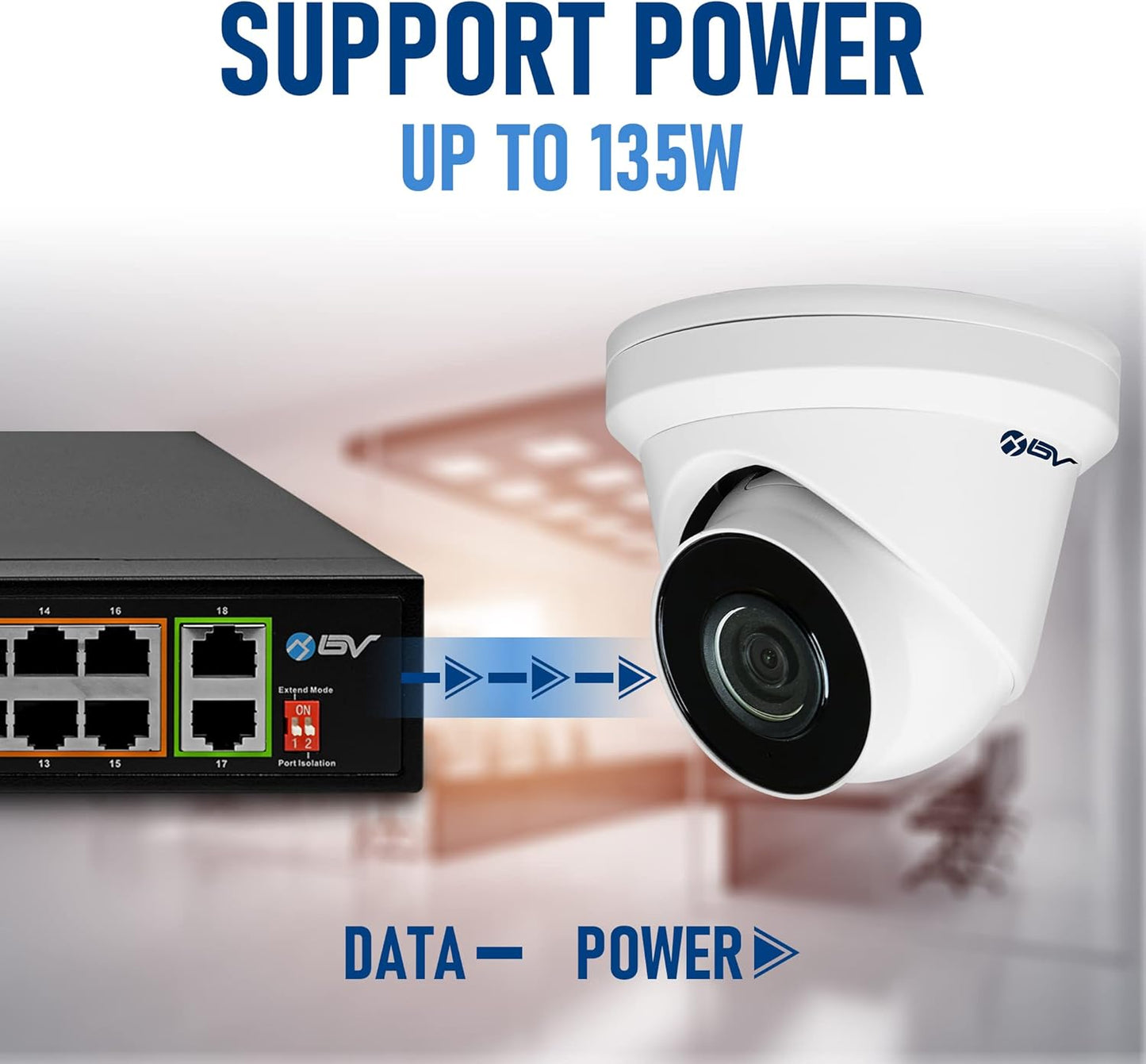 BV-Tech 18 Ports Long Range PoE+ Switch (16 PoE+ Ports | 2 Gigabit Ethernet uplink) - 19" Rackmount - 135W - 802.3af/at -Desktop Design for Easy Set Up